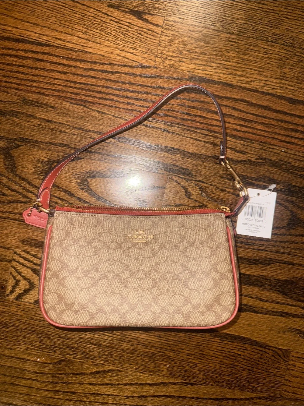 Coach Signature Canvas Shoulder Bag in Brown with Terracotta Trim
